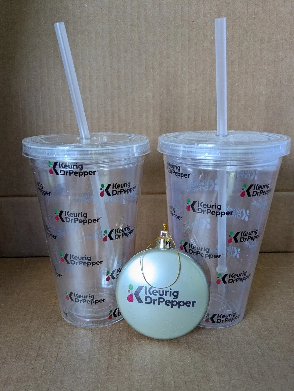 Keurig Dr Pepper 2 Matching Tumblers Clear Reusable  with Straw &  Ornament